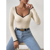 Ribbed Knit Top Sweetheart Neck Contrast Trim Slim Fit Long Sleeve Bodysuit