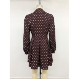 Polka Dot Belted Mini Dress Lapel V‑Neck Long Puff Sleeve Casual Dress