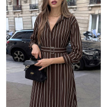 Women Belted Striped Shirt Midi Dress