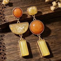 Asymmetric Vintage Amber Resin Dangle Earrings