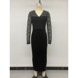 Black Lace Velvet Bodycon Maxi Dress Long Sleeve Evening Party Dress