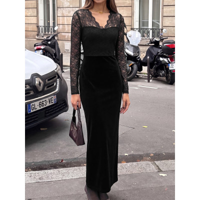 Black Lace Velvet Bodycon Maxi Dress Long Sleeve Evening Party Dress