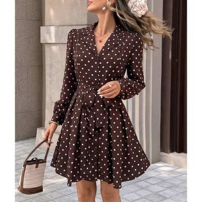 Polka Dot Belted Mini Dress Lapel V‑Neck Long Puff Sleeve Casual Dress