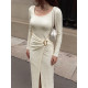 Twist‑Waist Maxi Dress Long Sleeve Metal Buckle Front Slit Dress