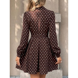 Polka Dot Belted Mini Dress Lapel V‑Neck Long Puff Sleeve Casual Dress
