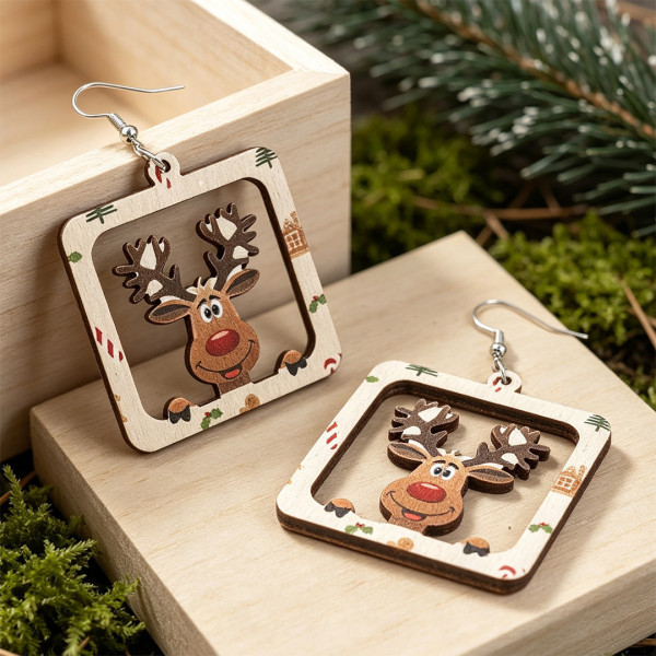 Christmas Reindeer Wooden Drop Earrings