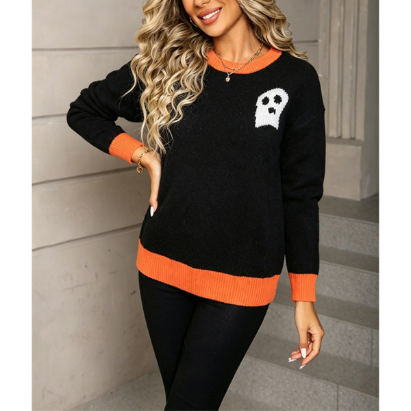 Women Halloween Ghost Contrast Trim Knit Sweater