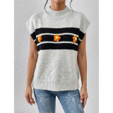3D Floral Striped Knit Vest Mock Neck Sleeveless Casual Layering Sweater