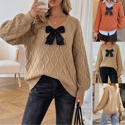 Satin Bow Decor Cable Knit Sweater