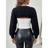 3D Daisy Flower Cable Knit Cropped Shrug Long Puff Sleeve Layering Sweater Top