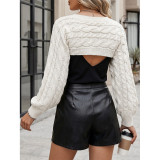 3D Daisy Flower Cable Knit Cropped Shrug Long Puff Sleeve Layering Sweater Top