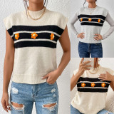 3D Floral Striped Knit Vest Mock Neck Sleeveless Casual Layering Sweater