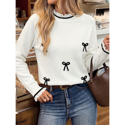 Lace Ruffle Neck Bow Decor Knit Sweater