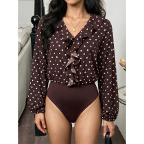 Women V‑Neck Ruffle Polka Dot Bodysuit