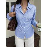 Vertical Stripe Slim Fit Long Sleeve Button Blouse