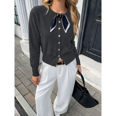 Women Scarf Tie Knit Cardigan Sweater