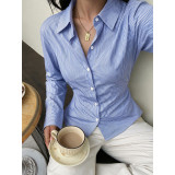 Vertical Stripe Slim Fit Long Sleeve Button Blouse