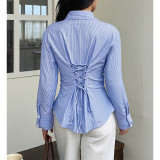 Vertical Stripe Slim Fit Long Sleeve Button Blouse