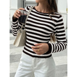 Women Striped Ribbed Long Sleeve Knit Sweater