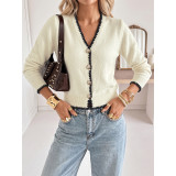Contrast Scallop Trim Rhinestone Button Knit Cardigan