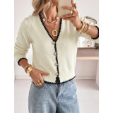 Contrast Scallop Trim Rhinestone Button Knit Cardigan