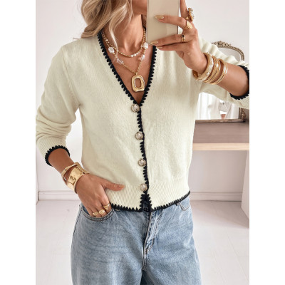 Contrast Scallop Trim Rhinestone Button Knit Cardigan