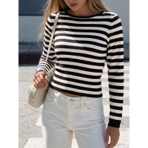 Women Striped Ribbed Long Sleeve Knit Sweater