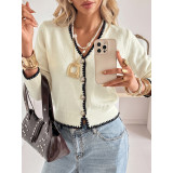 Contrast Scallop Trim Rhinestone Button Knit Cardigan