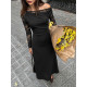 Off‑Shoulder Lace Sleeve Ruched Split Midi Dress