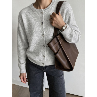 Crew Neck Button Front Cropped Knit Cardigan