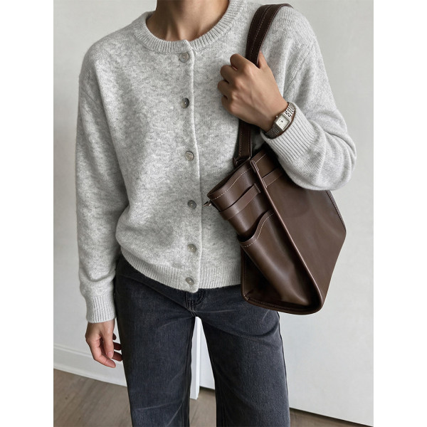 Crew Neck Button Front Cropped Knit Cardigan