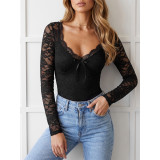 Long Sleeve V‑Neck Bow Lace Slim Bodysuit