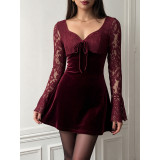 Lace Flare Sleeve Tie Front Velvet Mini Dress
