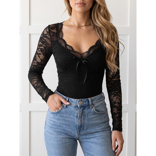 Long Sleeve V‑Neck Bow Lace Slim Bodysuit