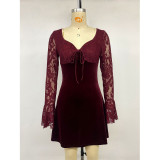 Lace Flare Sleeve Tie Front Velvet Mini Dress