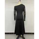 Off‑Shoulder Lace Sleeve Ruched Split Midi Dress