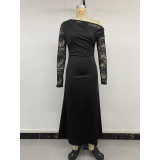 Off‑Shoulder Lace Sleeve Ruched Split Midi Dress