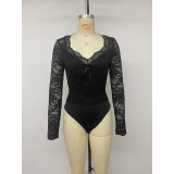 Long Sleeve V‑Neck Bow Lace Slim Bodysuit