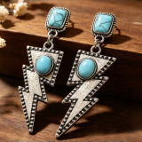 Western Turquoise Lightning Bolt Silver Dangle Earrings