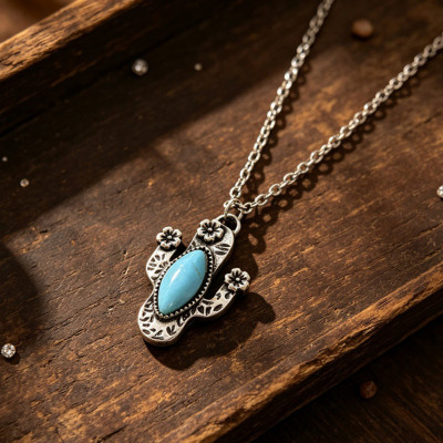 Boho Turquoise Cactus Western Pendant Necklace