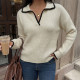 Scalloped Edge Contrast Polo Collar Knit Sweater