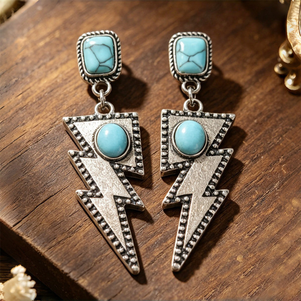 Western Turquoise Lightning Bolt Silver Dangle Earrings
