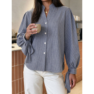 Women Plaid Tie Cuff Long Sleeve Stand Collar Blouse