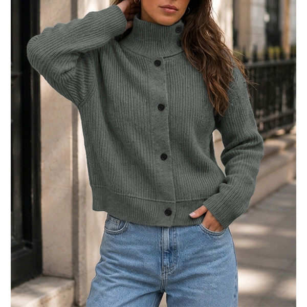 Women High Collar Button Down Ribbed Knit Cardigan