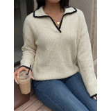 Scalloped Edge Contrast Polo Collar Knit Sweater