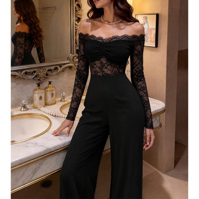 Off Shoulder Lace Wide Leg Formal Jumpsuit