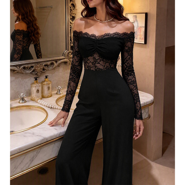 Off Shoulder Lace Wide Leg Formal Jumpsuit