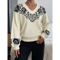 Women Vintage Floral Jacquard V Neck Knit Sweater