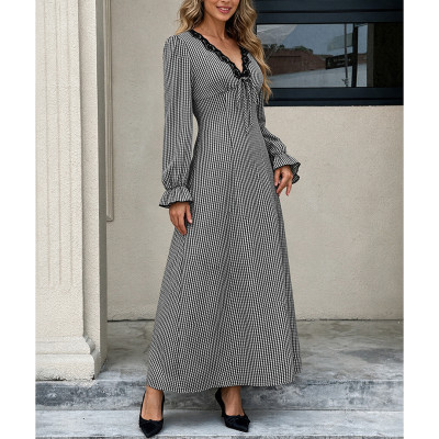 Women Lace Trim Tie Front Gingham Long Sleeve Maxi Dress