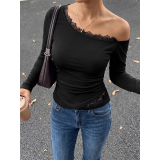 Women Lace Trim Asymmetrical Off Shoulder Long Sleeve Fitted Top